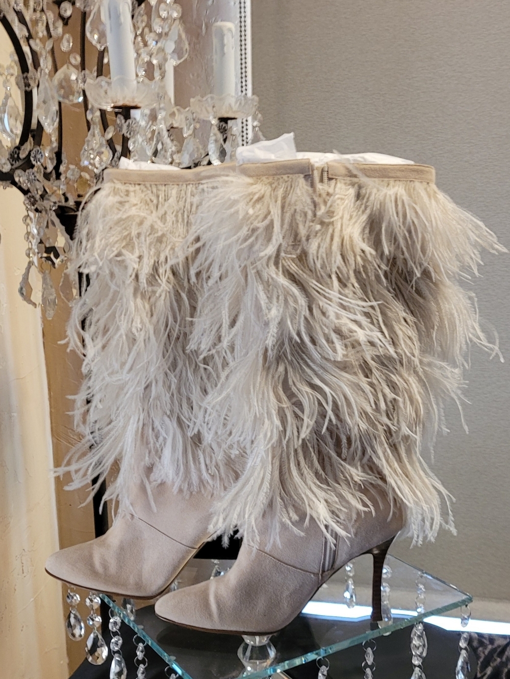 Elegant Winter White Knee High boots dramatic ostrich feather embellishments 6.5 - Picture 5 of 15
